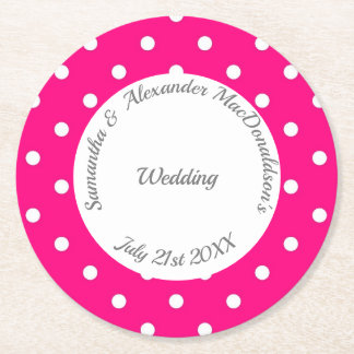 Bright pink and white polkadot wedding round paper coaster