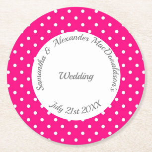 Bright pink and white polkadot wedding round paper coaster