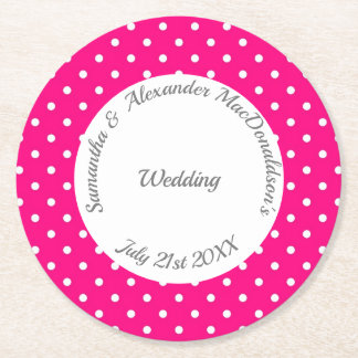 Bright pink and white polkadot wedding round paper coaster
