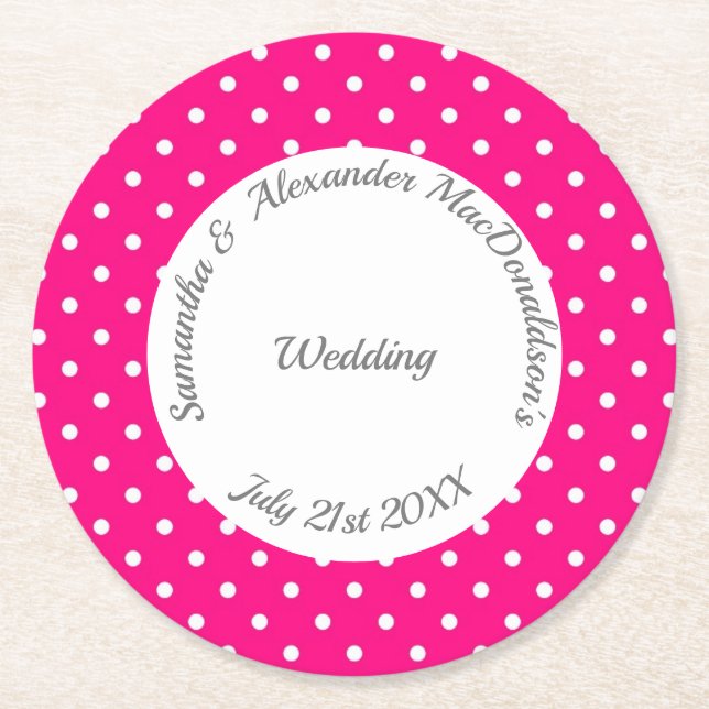 Bright pink and white polkadot wedding round paper coaster (Front)