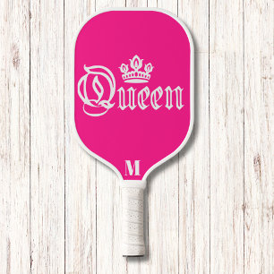 Bright Pink and White Queen Crown Modern Monogram Pickleball Paddle