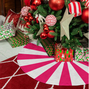Bright Pink and White Starburst Stripes Faux Linen Tree Skirt