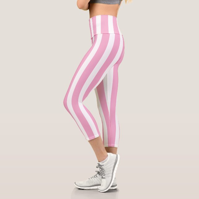Bright Pink and White Striped Capri Leggings (Left)