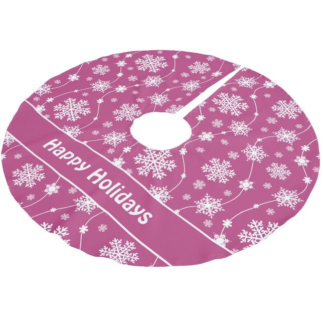 Bright Pink and Winter White Snowflake Monogram Brushed Polyester Tree Skirt (Angled)