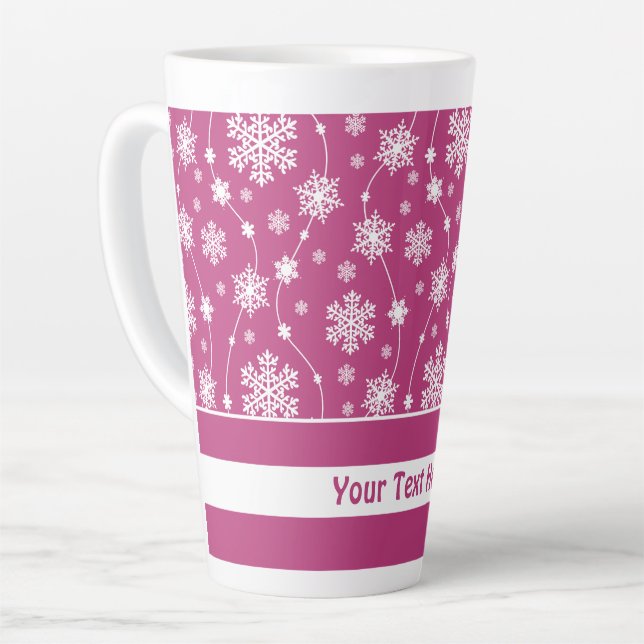 Bright Pink and Winter White Snowflake Pattern Latte Mug (Left Angle)