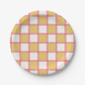 Bright Pink and Yellow Checkers Paper Plate