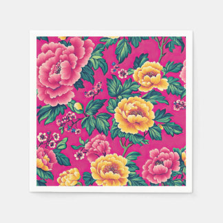 Bright Pink and Yellow Chinoiserie Floral Napkin