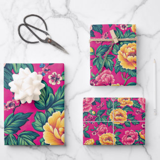 Bright Pink and Yellow Chinoiserie Floral Wrapping Paper Sheet