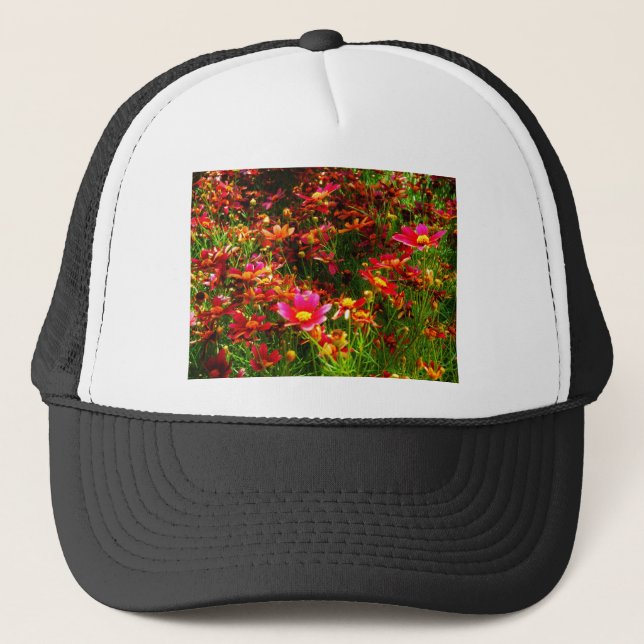 Bright pink and yellow Daisy Wild flowers Trucker Hat (Front)
