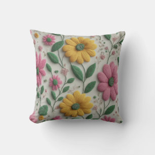 Bright Pink and Yellow Floral Embroidery Style Art Cushion