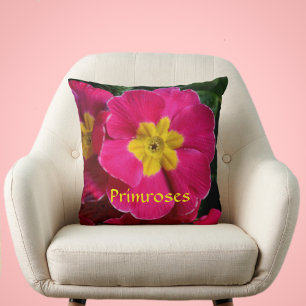 Bright Pink and Yellow Primroses Botanical Floral Cushion