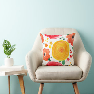 Bright Pink and Yellow Watercolor Floral  Cushion