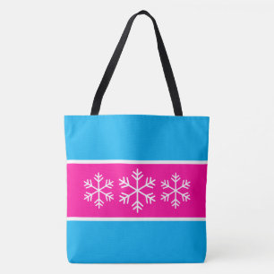 Bright Pink Azure Blue Stripes White Snowflakes Tote Bag
