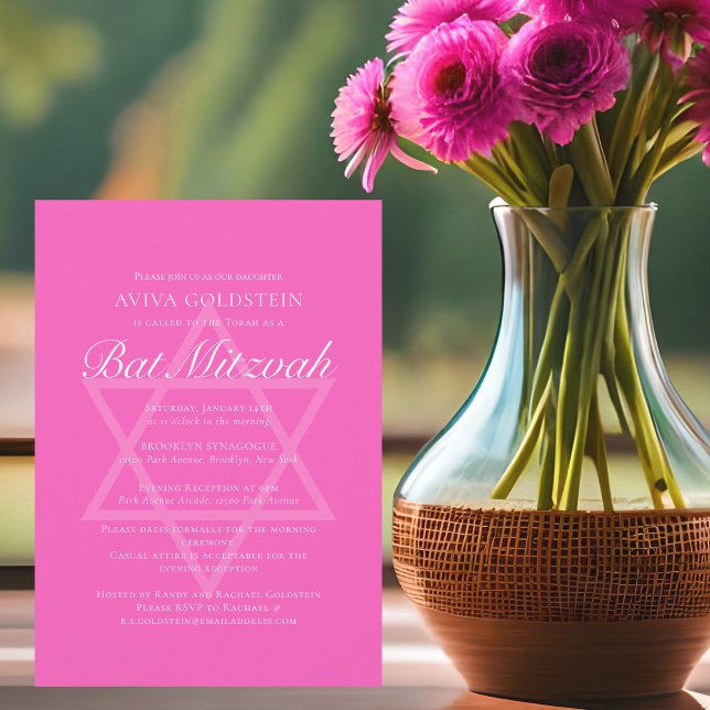 Bright Pink Bat Mitzvah Star of David Party Invitation (Creator Uploaded)
