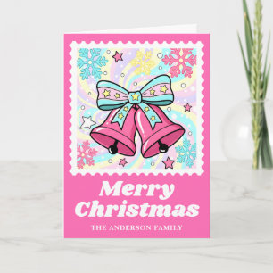 Bright Pink Bells Christmas Postage Stamp Holiday Card