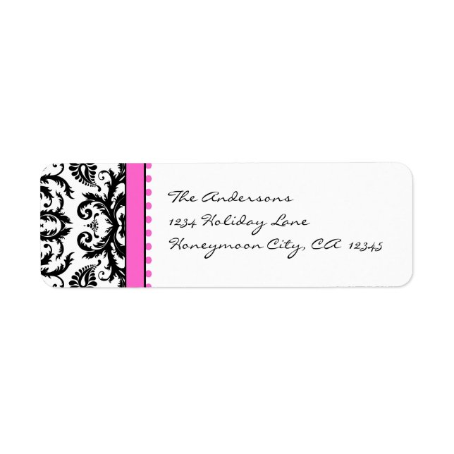 Bright Pink & Black Damask Dots Address Labels (Front)