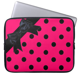 Bright pink black polka dot ribbon laptop sleeve
