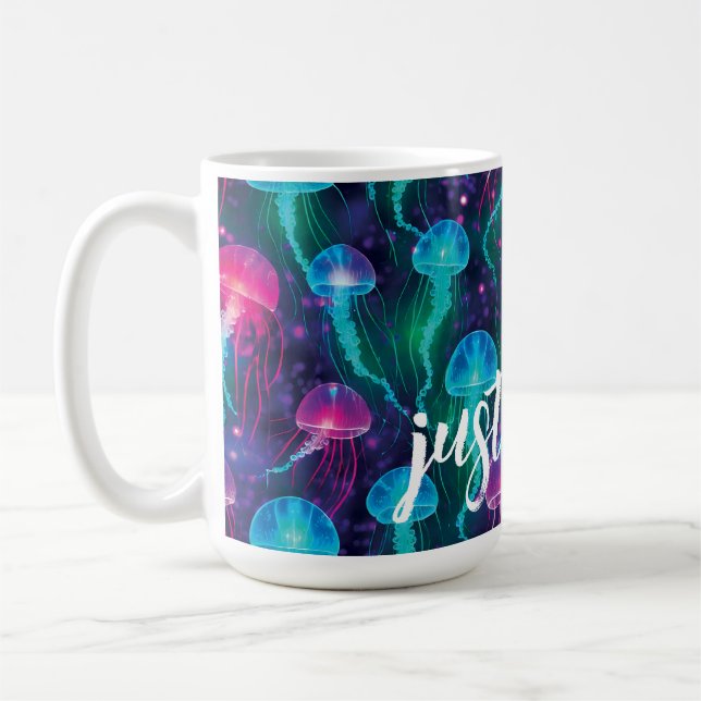Bright Pink Blue Aqua Jellyfish "Just Float" Coffee Mug (Left)