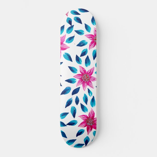 Bright Pink Blue Flowers Leaves Acrylic Paint Skateboard (Front)