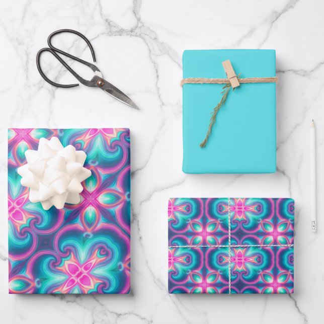 Bright Pink, Blue, Green & Orange Pattern Wrapping Paper Sheet (Front)