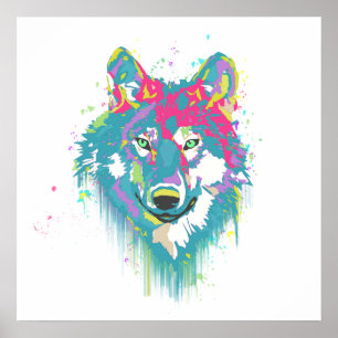 Bright Pink Blue Neon Watercolors Splatters Wolf Poster