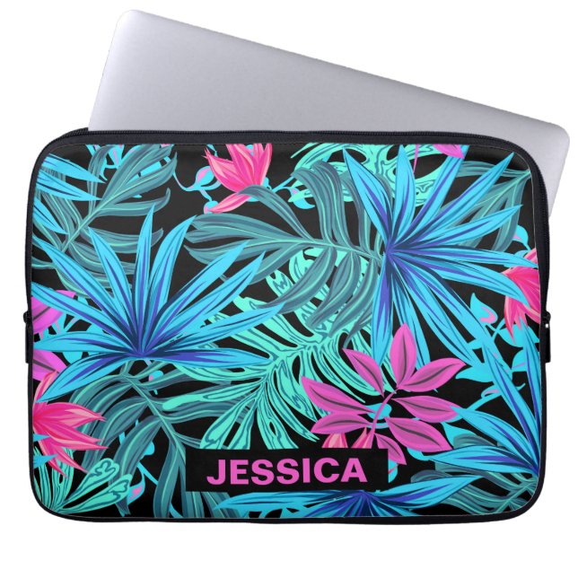 Bright Pink Blue Tropical Floral Personalised Laptop Sleeve (Front)