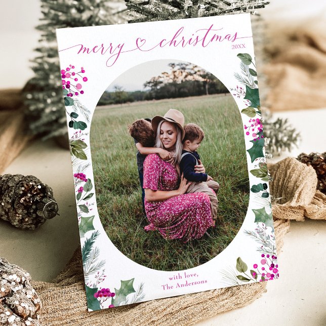 Bright Pink Boho Greenery 1 Photo Christmas Card (Creator Uploaded)