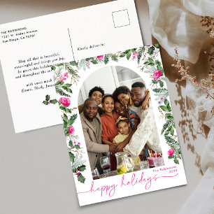 Bright Pink Botanical Arch Happy Holidays Photo Postcard
