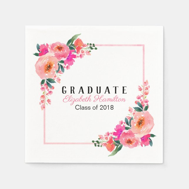 Bright Pink Botanical Floral Graduation Party Napkin (Front)