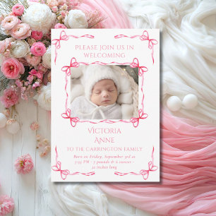 Bright Pink Bows Baby Photo Birth Announcement