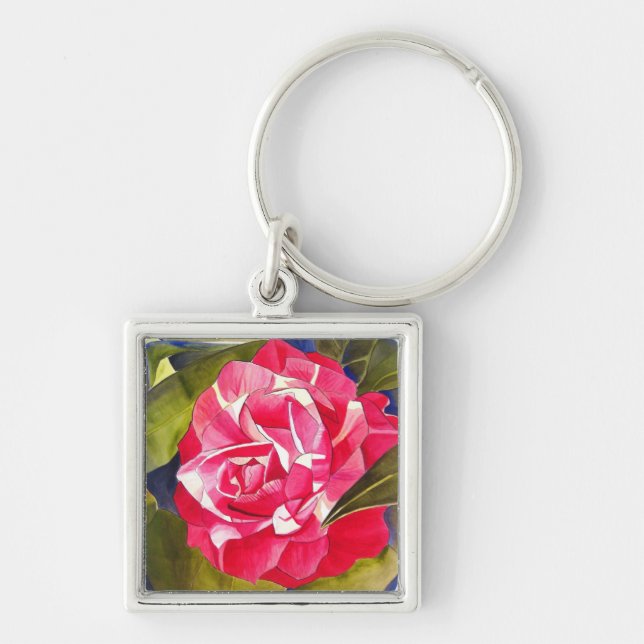 Bright pink Camellia watercolor art flower Key Ring (Front)