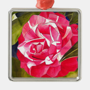 Bright pink Camellia watercolor art flower Metal Ornament