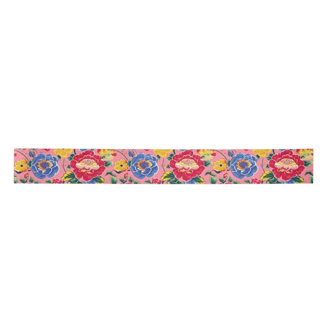Bright Pink Chinoiserie Floral Satin Ribbon (Front)