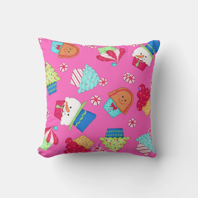 Bright Pink Christmas Cupcake Art Home Decorating Cushion (Front)
