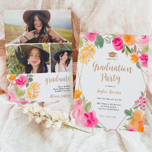 Bright pink colourful Floral gold graduation Invitation