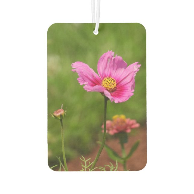 Bright Pink Cosmos Flower on Green Car Air Freshener (Back)