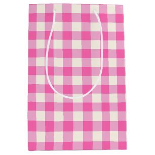 Bright Pink Cottagecore Gingham Check Plaid Medium Gift Bag