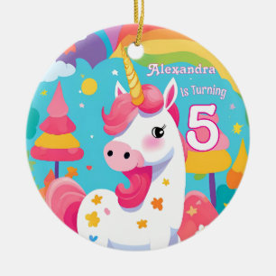Bright Pink Cute Unicorn Birthday Ceramic Ornament