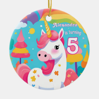 Bright Pink Cute Unicorn Birthday Ceramic Ornament