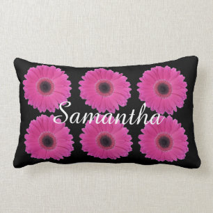 Bright Pink Daisies on Black Personalised Lumbar Cushion