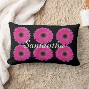 Bright Pink Daisies on Black Personalised Lumbar Cushion