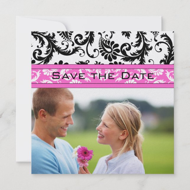 Bright Pink Damask Swirls Wedding Save the Date (Front)