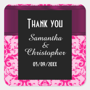 Bright Pink damask thank you Square Sticker