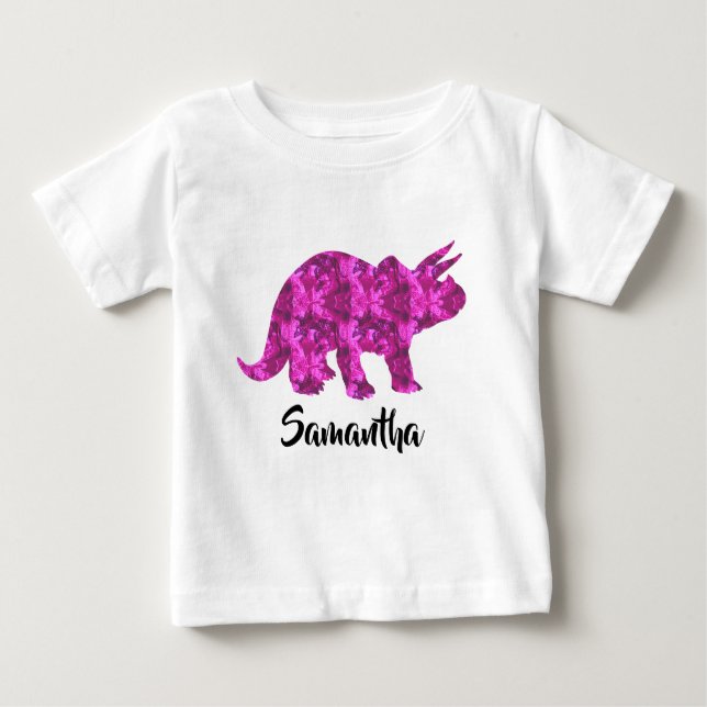 Bright Pink Dinosaur Personalised Girl Shirt (Front)