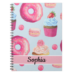 Bright Pink Doughnuts and Cupcakes on Baby Blue Notebook