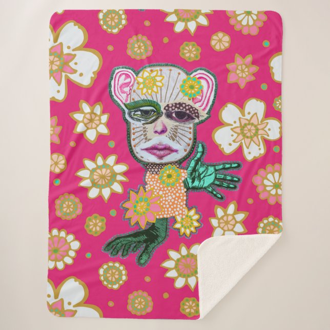 Bright Pink Drollery Floral by Natalie Schorr Sherpa Blanket (Front)