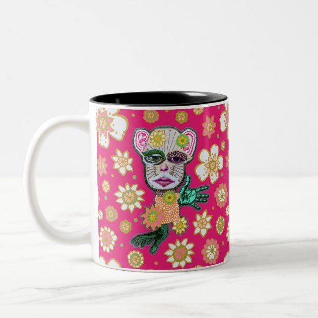 Bright Pink Drollery Floral by Natalie Schorr Two-Tone Coffee Mug (Left)
