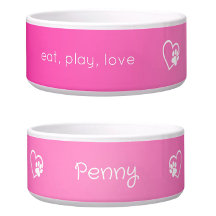 Bright Pink Eat Play Love Custom Dog Name Bowl