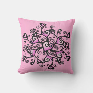 Bright Pink Fancy Hearts in cluster Black Scrolls Cushion
