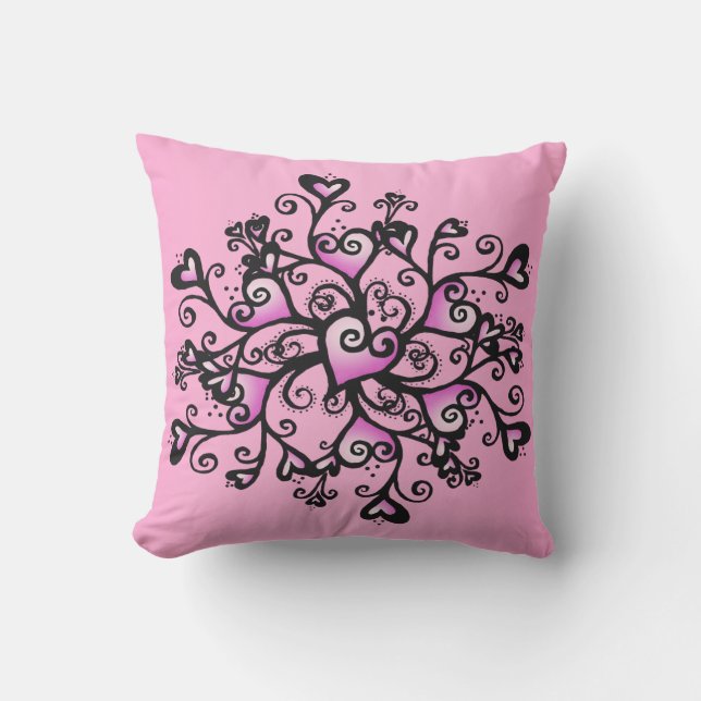 Bright Pink Fancy Hearts in cluster Black Scrolls Cushion (Front)